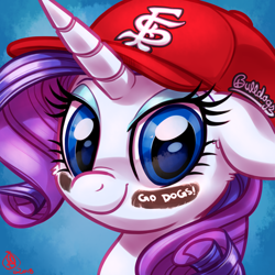 Size: 1800x1800 | Tagged: safe, artist:whitediamonds, rarity, pony, unicorn, g4, baseball cap, bust, cap, commission, eye black (makeup), eyeshadow, face paint, female, fresno state bulldogs, hat, horn, looking at you, makeup, mare, portrait, signature, smiling, smiling at you, solo, sports