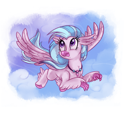 Size: 3300x3000 | Tagged: safe, artist:whitediamonds, silverstream, classical hippogriff, hippogriff, g4, colored hooves, cute, diastreamies, female, flying, high res, jewelry, looking away, looking up, necklace, sky, solo, spread wings, wings