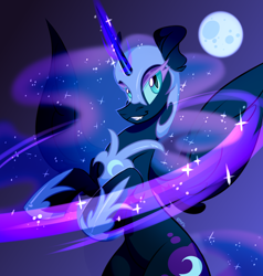 Size: 4000x4200 | Tagged: safe, artist:k0potb, nightmare moon, alicorn, pony, g4, colored eyelashes, ethereal mane, ethereal tail, fangs, female, full moon, glowing, glowing horn, horn, magic, mare, moon, purple eyelashes, rearing, slit pupils, solo, tail