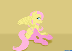 Size: 3508x2480 | Tagged: safe, alternate version, artist:samenandsam, fluttershy, pegasus, pony, g4, blushing, butt, clothes, female, flutterbutt, gradient background, high res, lying down, mare, plot, socks, solo, spread wings, wings