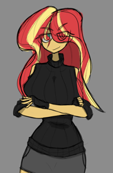 Size: 1518x2312 | Tagged: safe, artist:willowcatkin, sunset shimmer, human, equestria girls, g4, breasts, busty sunset shimmer, clothes, crossed arms, eye clipping through hair, gray background, looking at you, simple background, smiling, smirk, solo, sweater