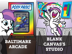 Size: 1024x768 | Tagged: safe, artist:tim-kangaroo, oc, oc only, oc:blank canvas, oc:hoof beatz, earth pony, pegasus, pony, bronycon, bronycon 2013, arcade game, bronycon mascots, duo, earth pony oc, female, male, mare, pac-man, paintbrush, pegasus oc, stallion