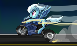 Size: 2350x1408 | Tagged: safe, artist:notadeliciouspotato, fleetfoot, pegasus, pony, g4, female, mare, motorcycle, road, signature, smiling, solo, spread wings, wings