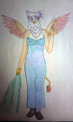 Size: 2225x3684 | Tagged: safe, artist:mildgyth, gilda, griffon, anthro, plantigrade anthro, g4, alternate hairstyle, cigarette, clothes, colored wings, dress, eared griffon, rita hayworth, shoes, solo, spread wings, strapless, strapless dress, traditional art, two toned wings, wings