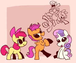 Size: 2048x1709 | Tagged: safe, artist:chipchapp, part of a set, apple bloom, scootaloo, sweetie belle, earth pony, pegasus, pony, unicorn, g4, :3, apple bloom's bow, bow, brown background, curly mane, curly tail, cutie mark crusaders, dynamic pose, eyelashes, female, filly, foal, hair accessory, hair bow, horn, mane accessory, no pupils, open mouth, open smile, orange coat, passepartout, pink bow, purple mane, purple tail, rearing, red mane, red tail, reference sheet, sitting, small wings, smiling, sparkly eyes, spread wings, standing, tail, tongue out, trio, trio female, two toned mane, two toned tail, wall of tags, white coat, wingding eyes, wings, yellow coat