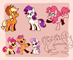 Size: 2048x1672 | Tagged: safe, artist:chipchapp, part of a set, apple bloom, applejack, pinkie pie, rarity, scootaloo, sweetie belle, earth pony, pegasus, pony, unicorn, g4, :>, apple bloom's bow, applejack's hat, blonde mane, blonde tail, blue eyes, bow, brown background, cowboy hat, curly mane, curly tail, cutie mark crusaders, eyelashes, female, filly, foal, green eyes, group, hair accessory, hair bow, hat, horn, looking at each other, looking at someone, looking back, mane accessory, mare, open mouth, open smile, orange coat, passepartout, pink bow, pink coat, pink mane, pink tail, ponytail, purple mane, purple tail, raised hoof, raised leg, red mane, red tail, reference sheet, ringlets, sextet, smiling, smiling at each other, standing, standing on one leg, stetson, tail, tied mane, tied tail, two toned mane, two toned tail, wall of tags, white coat, yellow coat