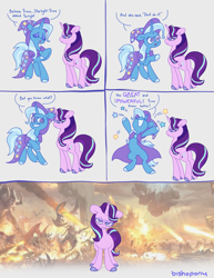 Size: 3081x4000 | Tagged: safe, artist:bishopony, starlight glimmer, trixie, pony, unicorn, g4, baldur's gate, bipedal, blue coat, blue eyelashes, blue hooves, blue mane, blue tail, blue text, cape, clothes, colored eyelashes, colored hooves, comic, death stare, descent into avernus, dialogue, dungeons and dragons, duo, duo female, eyelashes, eyeshadow, female, frown, hat, hell, high res, hooves, horn, king of the hill, long mane, long tail, looking at someone, makeup, mare, narrowed eyes, no catchlights, no pupils, open frown, open mouth, pen and paper rpg, pink coat, pink eyeshadow, pointing, purple eyes, purple eyeshadow, purple hooves, purple text, raised hoof, raised hooves, rpg, shiny hooves, signature, smiling, smiling at someone, speech bubble, standing, standing on three hooves, starlight glimmer is not amused, stars, tail, talking, text, trixie being trixie, trixie's cape, trixie's hat, two toned mane, two toned tail, unamused, unicorn horn, wall of tags