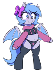 Size: 650x850 | Tagged: safe, artist:thebatfang, oc, oc only, oc:lucky roll, bat pony, pony, semi-anthro, bat pony oc, belly, belly button, clothes, cute, paggi outfit, panties, simple background, socks, solo, sweater, thigh highs, transparent background, underwear