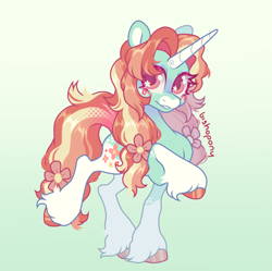 Size: 1875x1866 | Tagged: safe, artist:bishopony, oc, oc only, oc:sweet pea, pony, unicorn, artfight, blue coat, blue eyeshadow, blush scribble, blushing, coat markings, colored eyelashes, colored hooves, colored horn, colored muzzle, colored pinnae, colored pupils, cute, cutie mark eyes, eyeshadow, facial markings, female, fetlock tuft, flower, flower in hair, flower in tail, gift art, gradient background, halftone, hooves, horn, long horn, long mane, long tail, looking back, magenta eyelashes, makeup, mare, ocbetes, orange eyes, orange hooves, red pupils, red text, screentone, shiny eyelashes, shiny hooves, shiny mane, shiny tail, signature, slender, smiling, socks (coat markings), solo, standing on two hooves, tail, text, thick eyelashes, thin, thin legs, three toned mane, three toned tail, unicorn horn, unicorn oc, unshorn fetlocks, wall of tags, wingding eyes