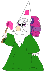 Size: 1974x3204 | Tagged: safe, artist:supahdonarudo, queen novo, gnome, hippogriff, g4, beard, bipedal, bushy brows, clothes, facial hair, hat, holding, net, pun, robe, shell, simple background, solo, transparent background, wizard hat