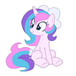 Size: 600x600 | Tagged: safe, anonymous editor, edit, star dreams, pony, unicorn, g4, blue eyes, bow, colored lineart, eye clipping through hair, eyelashes, female, hair accessory, hair bow, horn, looking offscreen, mane accessory, mare, not flurry heart, pixel-crisp art, redesign, show accurate, simple background, sitting, smiling, solo, tail, tail bow, three toned mane, three toned tail, tied tail, transparent background, white bow