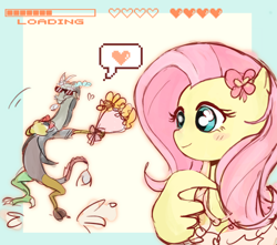 Size: 2344x2071 | Tagged: safe, artist:爱吃西红柿, discord, fluttershy, draconequus, pegasus, pony, g4, abstract background, blushing, bouquet of flowers, duo, duo male and female, female, flower, heart, loading, male, mare, ship:discoshy, shipping, smiling, speech bubble, straight, sunglasses