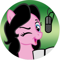 Size: 450x450 | Tagged: safe, artist:tim-kangaroo, earth pony, pony, black mane, blue eyes, female, long mane, looking at you, mare, microphone, one eye closed, pink coat, ponified, shannon chan-kent, simple background, solo, transparent background, wink, winking at you