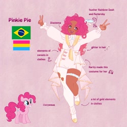 Size: 2048x2048 | Tagged: safe, artist:cryweas, fluttershy, pinkie pie, rainbow dash, rarity, earth pony, human, pony, g4, alternate hairstyle, boots, brazil, clothes, cute, dark skin, diapinkes, dress, eyeshadow, feather, female, glitter, headcanon, high heel boots, humanized, leg warmers, makeup, mare, open mouth, pansexual, pansexual pride flag, peace sign, pride, pride flag, reference sheet, shoes, socks, solo, stockings, thigh highs, tooth gap