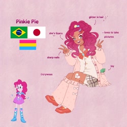 Size: 2048x2048 | Tagged: safe, artist:cryweas, gummy, pinkie pie, alligator, human, equestria girls, g4, alternate hairstyle, asian, bandaid, blasian, boots, brazil, cardigan, choker, clothes, compression shorts, cute, dark skin, diapinkes, duo, eyeshadow, female, ganguro, gyaru, headcanon, humanized, japanese, jewelry, kogal, lipstick, makeup, manba, nail polish, pansexual, pansexual pride flag, plushie, pride, pride flag, reference sheet, ring, shirt, shoes, skirt, socks