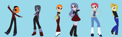 Size: 1024x317 | Tagged: safe, artist:okamikisho, oc, oc only, equestria girls, g4, blue background, simple background