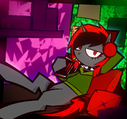 Size: 1150x1080 | Tagged: safe, artist:xxv4mp_g4z3rxx, oc, oc only, pony, unicorn, bed, clothes, collar, drink, energy drink, headphones, hoodie, horn, lying down, monster energy, pentagram, pillow, poster, red eyes, shelf, signature, solo, spiked collar, straw, tail, two toned mane, two toned tail, unicorn oc