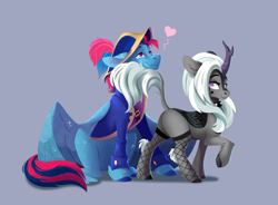 Size: 4266x3144 | Tagged: safe, artist:28gooddays, oc, oc only, oc:jinx kurai, oc:swift sail, oc:swiftwing, kirin, pegasus, pony, choker, clothes, cloven hooves, coat, couple, duo, duo male and female, feather, female, fishnet clothing, fishnet stockings, hat, heart, horn, kirin oc, male, oc x oc, pegasus oc, raised tail, sailor uniform, scales, seduction, shipping, spiked choker, stockings, straight, tail, tail seduce, tattoo, teasing, thigh highs, uniform