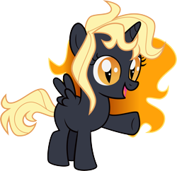 Size: 8351x8079 | Tagged: safe, artist:shootingstarsentry, oc, oc only, oc:sunny, alicorn, pony, g4, absurd resolution, alicorn oc, alternate universe, base used, black coat, eyelashes, female, filly, foal, gradient eyes, gradient mane, horn, looking at you, open mouth, open smile, orange eyes, raised hoof, show accurate, simple background, slit pupils, smiling, smiling at you, solo, spread wings, standing, standing on three hooves, tail, transparent background, two toned mane, wings, yellow mane, yellow tail