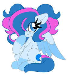 Size: 1804x2000 | Tagged: safe, artist:ladylullabystar, oc, oc only, pegasus, pony, big eyes, blue coat, blue eyes, blue wingtips, coat markings, colored, colored wings, colored wingtips, commission, ear fluff, eyelashes, female, flat colors, freckles, frown, hair over one eye, looking away, mare, pegasus oc, pigtails, signature, simple background, socks (coat markings), solo, spread wings, tail, thick eyelashes, tied mane, transparent background, two toned mane, two toned tail, two toned wings, wings