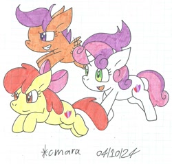 Size: 1240x1186 | Tagged: safe, artist:cmara, apple bloom, scootaloo, sweetie belle, earth pony, pegasus, pony, unicorn, g4, cutie mark crusaders, female, filly, foal, graph paper, horn, the cmc's cutie marks, traditional art, trio, trio female