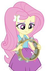 Size: 828x1242 | Tagged: safe, artist:kai-flame, fluttershy, equestria girls, g4, clothes, dress, lidded eyes, musical instrument, recolor, shirt, simple background, skinny, skirt, solo, tambourine, thin, white background