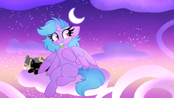 Size: 3840x2160 | Tagged: safe, artist:lbrcloud, oc, oc only, oc:saphira moon, alicorn, cat, pony, alicorn oc, cloud, crescent moon, horn, moon, on a cloud, solo, stars, wings