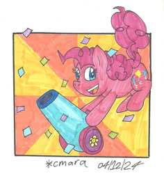 Size: 828x877 | Tagged: safe, artist:cmara, pinkie pie, earth pony, pony, g4, confetti, female, party cannon, passepartout, solo