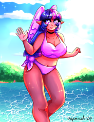 Size: 2550x3300 | Tagged: safe, artist:mylittleyuri, twilight sparkle, human, g4, alicorn humanization, belly, belly button, bikini, choker, clothes, cute, dark skin, elf ears, horned humanization, humanized, solo, summer, swimsuit, tree, twiabetes, water, winged humanization