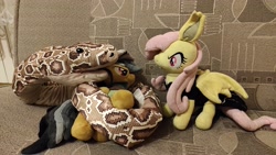 Size: 4640x2610 | Tagged: safe, artist:mgrdash, daring do, fluttershy, bat pony, pegasus, pony, snake, g4, bat ponified, duo, duo female, female, flutterbat, irl, photo, plushie, ponies in real life, race swap