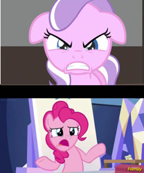 Size: 506x609 | Tagged: safe, artist:batman714, edit, edited screencap, screencap, diamond tiara, pinkie pie, g4, ponyville confidential, sparkle's seven, angry, duo, duo female, female, floppy ears, glare, shrug, twilight's castle