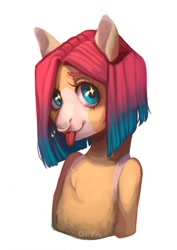 Size: 905x1280 | Tagged: safe, artist:obvik, oc, oc only, unnamed oc, earth pony, anthro, big eyes, blue eyes, brown coat, bust, commission, earth pony oc, eyebrows, eyelashes, female, female oc, looking at you, nose piercing, piercing, simple background, snout, solo, starry eyes, tongue out, two toned hair, white background, wingding eyes, ych result, your character here