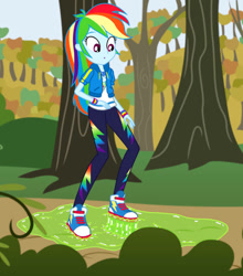 Size: 839x952 | Tagged: safe, artist:dhot9230, rainbow dash, equestria girls, g4, clad feet, converse, forest, nature, shoes, slime, solo, tree