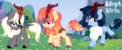 Size: 1280x528 | Tagged: safe, artist:vi45, oc, oc only, unnamed oc, kirin, adoptable, beauty mark, black hooves, blouse, blue coat, blue eyes, blue hooves, blue mane, blue tail, brown eyelashes, brown eyes, brown hooves, chest fluff, clothes, cloven hooves, colored eartips, colored eyelashes, colored hooves, cream coat, cream mane, cream tail, curly mane, curly tail, female, gradient mane, gradient tail, hooves, horn, kirin horn, kirin oc, leg fluff, leonine tail, lidded eyes, long mane, long tail, looking back, multicolored mane, multicolored tail, open mouth, open smile, purple eyes, raised hooves, raised leg, screencap background, shirt, show accurate, smiling, standing, tail, trio, two toned ears, two toned mane, two toned tail