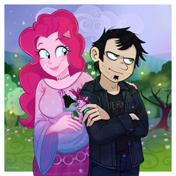 Size: 3000x3000 | Tagged: safe, artist:technaro, pinkie pie, firefly (insect), human, insect, g4, adam's apple, belt, big smile, black hair, blue eyes, border, choker, clothes, cloud, complex background, crossed arms, crossover, crossover shipping, cute, dan, dan pie, dan vs, denim, denim jacket, diapinkes, duo, eyebrows, eyebrows visible through hair, eyelashes, eyeshadow, facial hair, female, field, floral head wreath, flower, food, forest, green eyes, grin, hair accessory, hand on shoulder, happy, hill, humanized, jacket, jeans, jerk, lips, lipstick, makeup, male, nature, pants, passepartout, peasant blouse, pink skin, shading, shipping, short hair, signature, smiling, spiral, stars, story included, straight, toy, tree, trolls, watermelon