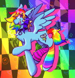 Size: 1199x1249 | Tagged: safe, artist:xxangelgutzxx, rainbow dash, pegasus, pony, g4, alternate cutie mark, alternate hairstyle, bandage, beanie, blue coat, butt fluff, checkered background, chest fluff, clothes, collar, colorful background, coontails, dyed hair, dyed mane, ear fluff, ear piercing, earring, eye clipping through hair, eyebrows, eyebrows visible through hair, eyestrain warning, fangs, female, fishnet clothing, fishnet stockings, hat, heart, hock fluff, jewelry, leg warmers, looking at you, looking back, mare, mismatched leg warmers, multicolored hair, multicolored mane, narrowed eyes, open mouth, open smile, outline, patterned background, pegasus wings, piercing, rainbow, rainbow hair, rainbow tail, scene, scene kid, scenecore, shiny eyelashes, smiley face, smiling, smiling at you, solo, sparkles, spread wings, stars, stockings, striped leg warmers, tail, thigh highs, thin, wall of tags, wings