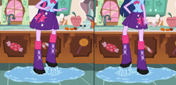 Size: 1280x621 | Tagged: safe, artist:dhot9230, twilight sparkle, human, equestria girls, g4, boots, boots shot, clothes, high heel boots, kitchen, legs, pictures of legs, shirt, shoes, sink, skirt, solo, sticky, wet boots