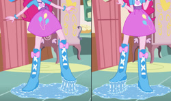 Size: 1280x758 | Tagged: safe, artist:dhot9230, pinkie pie, human, equestria girls, g4, boots, boots shot, clothes, high heel boots, jacket, legs, pictures of legs, shirt, shoes, skirt, solo, sticky, vest, wet boots