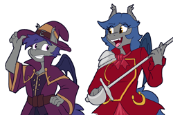 Size: 1500x1000 | Tagged: safe, artist:bluecoffeedog, oc, oc only, oc:dusk rhine, oc:racket rhine, bat pony, anthro, bat pony oc, bat wings, blue hair, brother, brother and sister, clothes, coat, colored, costume, cravat, duo, duo male and female, ear tufts, fangs, female, female oc, flat colors, gray coat, halloween, halloween costume, hat, holiday, looking at each other, looking at someone, male, male oc, open mouth, rapier, shoulder armor, siblings, simple background, sister, small wings, smiling, sword, weapon, white background, wings, wizard, wizard hat, wizard robe