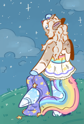 Size: 939x1378 | Tagged: safe, artist:tottallytoby, oc, oc only, oc:baby, alicorn, semi-anthro, alicorn oc, artfight, blue eyes, blue hooves, blue socks, cheek fluff, clothes, cloud, coat markings, colored hooves, colored muzzle, colored pinnae, colored wings, colored wingtips, cream mane, cream wingtips, curved horn, dress, facial markings, female, frilly dress, gift art, grass, hat, hill, hoof hold, hoof over head, hooves, horn, long socks, looking up, mare, mealy mouth (coat marking), multicolored hair, multicolored tail, night, outdoors, pale muzzle, partially open wings, pleated skirt, rainbow hair, raised hoof, shiny mane, shiny tail, shoulder fluff, skirt, socks, socks (coat markings), solo, stargazing, stars, tail, thigh highs, three toned wings, tongue out, wall of tags, white dress, white pupils, wings, wizard hat