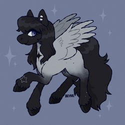 Size: 1150x1150 | Tagged: safe, artist:beyhr, oc, oc only, oc:indigo, pegasus, pony, bangs, beauty mark, black hooves, black mane, black tail, blank flank, blue eyes, chest marking, coat markings, colored ears, colored head, colored hooves, ear piercing, earring, eye clipping through hair, female, female oc, gift art, gray coat, hooves, jewelry, long mane, long tail, looking back, mare, mare oc, mole, pegasus oc, piercing, profile, quarter horse, raised hoof, shiny hooves, shiny mane, shiny tail, signature, smiling, socks (coat markings), solo, sparkles, spread wings, starry eyes, tail, text, textured background, thick eyelashes, unshorn fetlocks, wavy mane, wavy tail, white coat, wing fluff, wingding eyes, wings