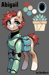 Size: 1440x2200 | Tagged: safe, ai assisted, ai content, artist:darbarri, oc, oc only, oc:abigail, earth pony, pony, armor, bag, blue eyes, brown fur, cute, female, gray background, looking at you, mare, red mane, red tail, reference sheet, saddle bag, short mane, short tail, simple background, smiling, smiling at you, solo, spots, tail