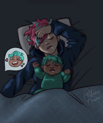 Size: 1133x1354 | Tagged: safe, artist:masked-creator, hitch trailblazer, sparky sparkeroni, zipp storm, human, g5, adorazipp, baby, bed, bed hair, blanket, clothes, cute, drool, father and child, father and son, female, heart, hitchbetes, hoodie, human baby, humanized, male, mama zipp, mother and child, mother and son, pajamas, sheet, ship:stormblazer, shipping, sleeping, sparkybetes, straight, trio, zipp is best dragon mom