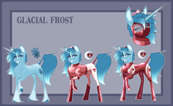 Size: 4413x2700 | Tagged: safe, artist:parrpitched, oc, oc only, oc:glacial frost(fireverse), unicorn, alternate universe, clothes, concave belly, fireheart76's latex suit design, gloves, horn, latex, latex boots, latex gloves, latex suit, long horn, prisoners of the moon, reference sheet, rubber, rubber boots, rubber gloves, rubber suit, thin, unicorn oc