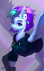 Size: 2800x4500 | Tagged: safe, artist:miurimau, oc, oc only, pegasus, pony, absurd file size, blue coat, blue hoodie, clothes, colored eyebrows, colored eyelashes, commission, detailed, ear fluff, ear piercing, earring, female, flying, freckles, gauges, grin, hairclip, high res, hoodie, jewelry, leg freckles, looking at you, mare, multicolored mane, piercing, purple eyelashes, purple mane, raised hoof, signature, smiling, smiling at you, solo, spiky mane, spread wings, thin, three toned mane, wings