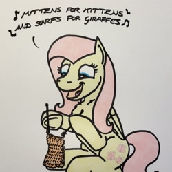 Size: 2048x2048 | Tagged: safe, artist:hoofclid, fluttershy, pegasus, pony, g4, cute, dexterous hooves, female, hoof hold, knitting, knitting needles, magnetic hooves, mare, marker drawing, music notes, open mouth, open smile, shyabetes, singing, sitting, smiling, solo, traditional art