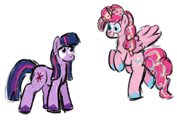 Size: 830x583 | Tagged: safe, artist:zoeyhorse, pinkie pie, twilight sparkle, alicorn, earth pony, pony, g4, alicornified, alternate universe, duo, duo female, earth pony twilight, female, flying, looking at each other, looking at someone, mare, no mouth, open mouth, open smile, pinkiecorn, race swap, rainbow power, simple background, smiling, unshorn fetlocks, white background