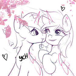 Size: 2048x2048 | Tagged: safe, artist:kristina, oc, oc only, alicorn, earth pony, pegasus, pony, unicorn, commission, couple, cute, duo, heart, horn, simple background, white background, ych sketch, your character here