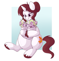 Size: 999x1021 | Tagged: safe, artist:lulubell, oc, oc only, oc:amy, oc:sorbet, oc:yogurt, pony, unicorn, baby, baby pony, blanket, cute, female, filly, foal, holding, holding a pony, horn, mare, ocbetes, pacifier, passepartout, pregnant, trio