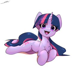 Size: 3000x3000 | Tagged: safe, artist:skitsroom, twilight sparkle, pony, unicorn, g4, cute, female, lying down, mare, open mouth, prone, simple background, solo, twiabetes, unicorn twilight, white background